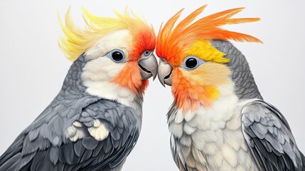 A pair of brightly-feathered cockatiels nuzzling against each other