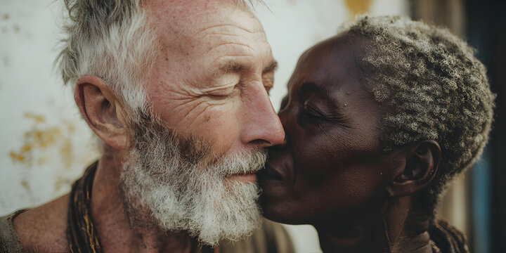 Cherished Kiss: A tender moment shared between a senior interracial couple, showcasing an embrace of love, connection, and the beauty of lifelong companionship.