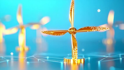 A golden wind turbine with glowing accents stands on a futuristic, digital blue background, symbolizing clean energy and innovation. - Powered by Adobe