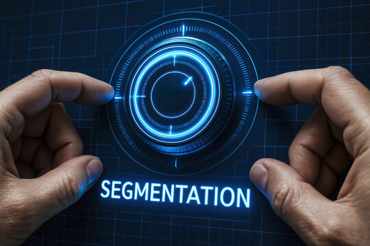 A close-up view two human hands adjusting a glowing digital dial on a virtual control panel symbolizing segmentation and data management - Powered by Adobe