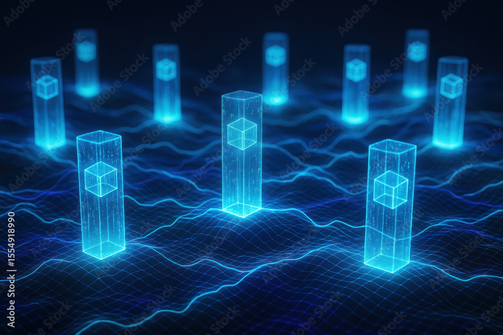 Poster a glowing digital landscape illustrates interconnected systems transmitting data through luminous co