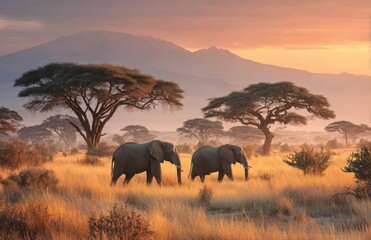 Two elephants walking in the african savanna at sunset with mount kilimanjaro in the background