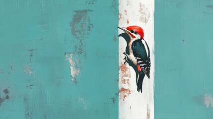 A small woodpecker clinging vertically onto an invisible white pole