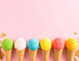 Colorful Ice Cream Cones Lined Up on Pink Background.