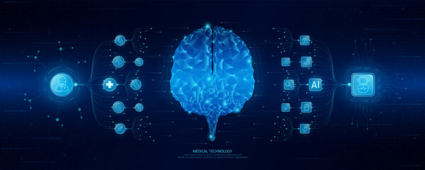 Doctor and robot icons in circuit board chip. Medical technology network connection and artificial intelligence (AI) against polygon human brain. Digital health care smart. Banner vector.