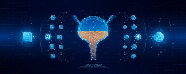 Doctor and robot icons in circuit board chip. Medical technology network connection and artificial intelligence (AI) against polygon human bladder. Digital health care smart. Banner vector.