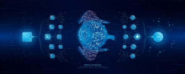 Doctor and robot icons in circuit board chip. Medical technology network connection and artificial intelligence (AI) against polygon human eyeball. Digital health care smart. Banner vector.