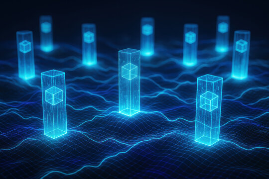 A glowing digital landscape illustrates interconnected systems transmitting data through luminous columns and undulating energy lines symbolizing technological innovation and network efficiency - Powered by Adobe