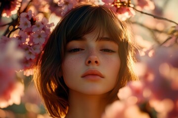 Fototapeta premium Pretty caucasian young woman surrounded by cherry blossoms. Spring mood, golden hour in sunset. Commercial digital ads graphic visual design. Spring-inspired woman in cherry blossoms.