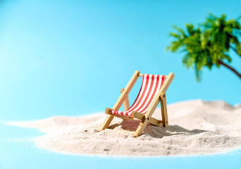 Miniature Beach Scene with Striped Chair on Sandy Island