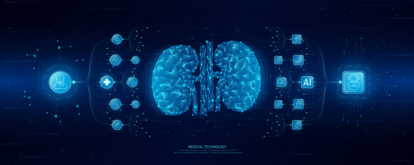 Doctor and robot icons in circuit board chip. Medical technology network connection and artificial intelligence (AI) against polygon human kidney. Digital health care smart. Banner vector.
