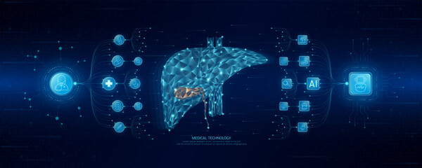 Doctor and robot icons in circuit board chip. Medical technology network connection and artificial intelligence (AI) against polygon human liver. Digital health care smart. Banner vector.