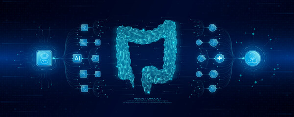 Doctor and robot icons in circuit board chip. Medical technology network connection and artificial intelligence (AI) against polygon human intestine. Digital health care smart. Banner vector.