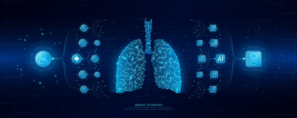 Doctor and robot icons in circuit board chip. Medical technology network connection and artificial intelligence (AI) against polygon human lung. Digital health care smart. Banner vector.