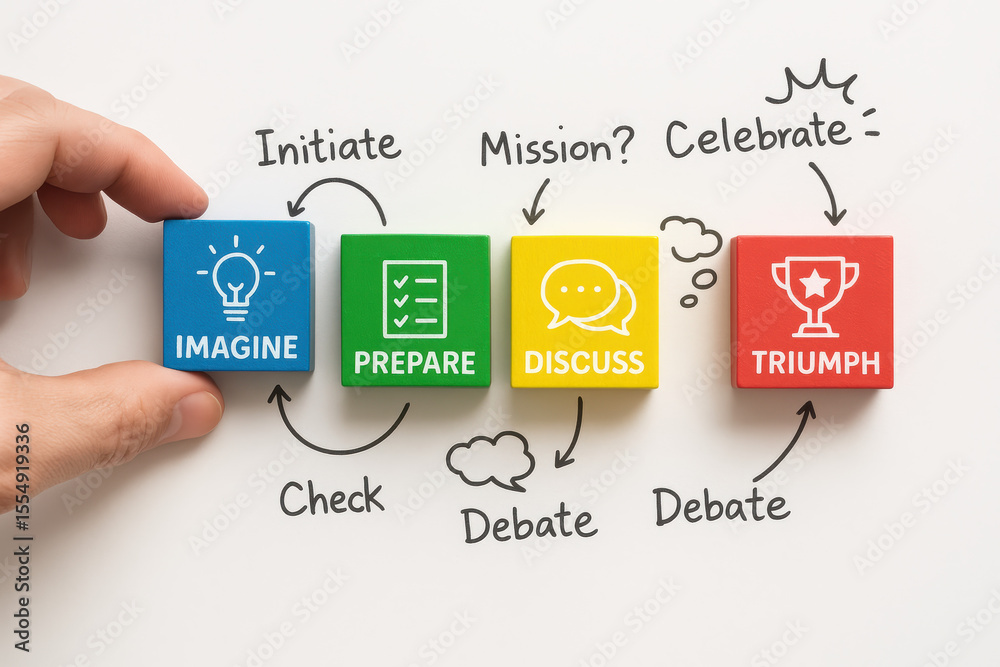 Poster a left arranges colorful blocks symbolizing the business process envisioning ideas preparing actions
