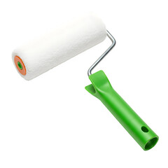 Essential Painting Tool – Clean New Paint Roller with Fluffy White Cover and Comfortable Green Handle, Isolated on White or Transparent Background