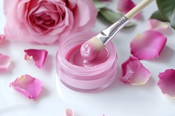 Applying Pink Mask with Brush Surrounded by Rose Petals Closeup