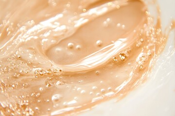 Closeup of Beige Liquid with Bubbles and Swirls Abstract Texture