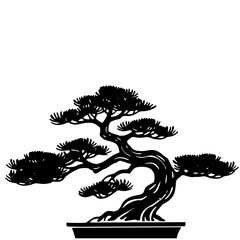 Black silhouette of a bonsai tree in a pot on white background, vector illustration