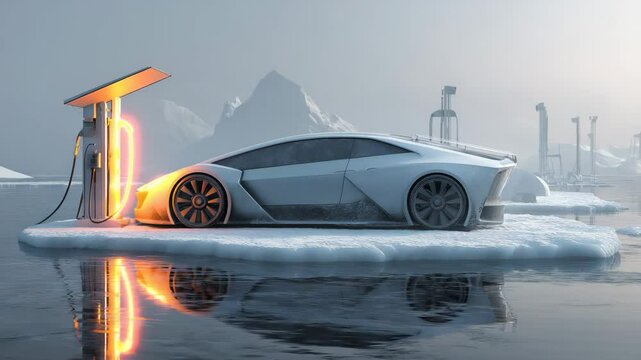 Futuristisches Elektroauto mit Leuchtelementen auf Eisscholle. K&uuml;nstliche Intelligenz KI