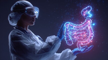Doctor Examining Digital Colon: A healthcare professional reviews a digital holographic model of the human colon, advancing medical understanding and innovation.