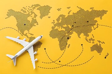Airplane and world map. Passenger air transportation.  Worldwide passenger movement, globalization, and the importance of efficient transportation networks.
International flights and World tourism.