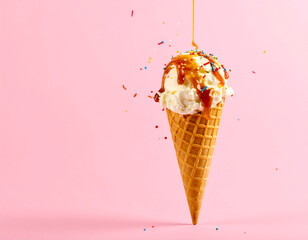 Ice Cream Cone with Caramel and Sprinkles on Pink.