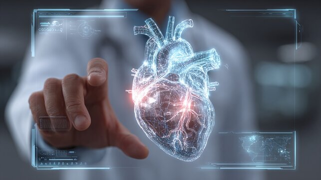 Innovative digital healthcare concept featuring a doctor examining a holographic heart, highlighting advancements in medical diagnostics and treatment.