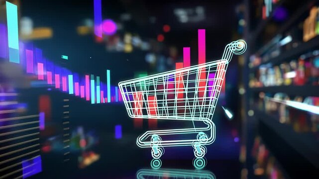 Glowing shopping cart combined with rising stock market data illustrates a positive trend in the online retail business and finance, highlighting growth in e commerce and investment opportunities