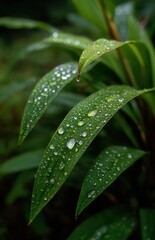 Fresh green leaves covered with sparkling water drops in the rainforest