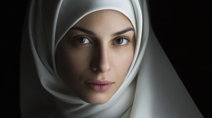 Portrait of a serene woman with soft, glowing skin, framed by a flowing white head covering against a dark background, emphasizing her captivating gaze.