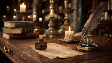 An old wooden desk with quill inkwell and aged parchment softly lit by a candle in a quiet library Victorian style real photo stock photography
