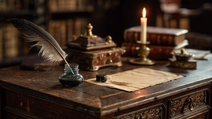 An old wooden desk with quill inkwell and aged parchment softly lit by a candle in a quiet library Victorian style real photo stock photography