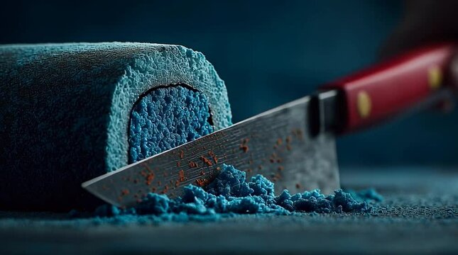 Sushi Roll Sculpted from Lapis Lazuli Being Cut with Japanese Knife