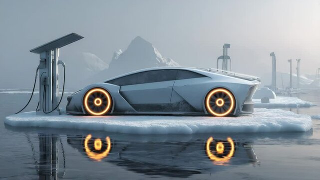 Futuristisches Elektroauto mit Leuchtelementen auf Eisscholle. K&uuml;nstliche Intelligenz KI
