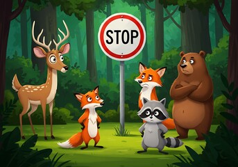 Fototapeta premium Wild forest animals surrounding a stop sign