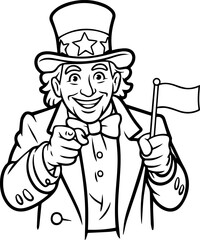 uncle sam pointing with flag line art vector illustration