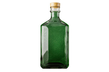 Empty green glass bottle positioned on a light background showcasing its sleek design and natural cork stopper with a hint of reflections and shadows