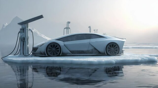 Futuristisches Elektroauto mit Leuchtelementen auf Eisscholle. K&uuml;nstliche Intelligenz KI