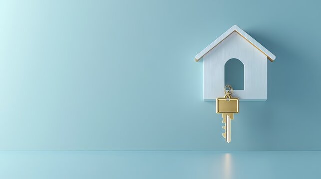 A miniature house with a gold key, set against a pale blue background.
