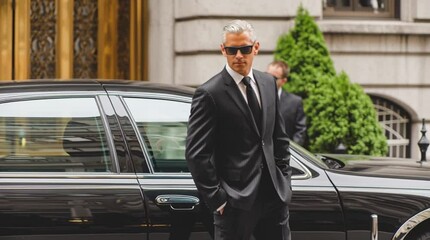 A private security guard standing outside the client's escort vehicle
