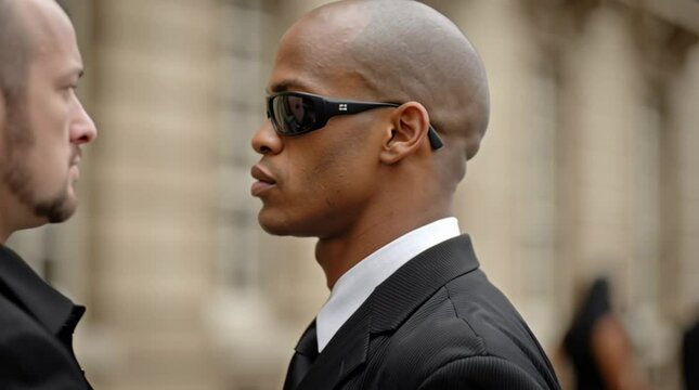 A private security guard standing outside the client's escort vehicle