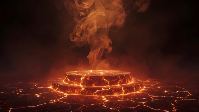 A cracked fiery lava platform with glowing cracks and rising orange smoke against a dark background