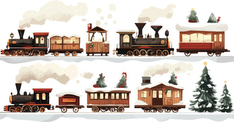 Obraz premium A captivating illustration of a steam train in a snowy winter landscape, featuring a cozy cafe building and bare trees