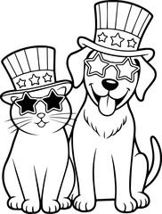 patriotic dog and cat wearing star glasses and top hats line art vector illustration