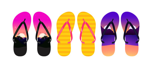Vector illustration of five summer flip flops with vibrant tropical beach scenery, sunset silhouettes, and modern colorful gradients. Perfect for vacation, travel, and beach-themed design