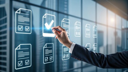 AI Agents and Interactive Dashboards in Data-Driven Strategy, Businessperson reviewing digital contracts with quality and analytics icons.