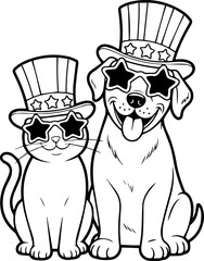 patriotic dog and cat wearing star glasses and top hats line art vector illustration
