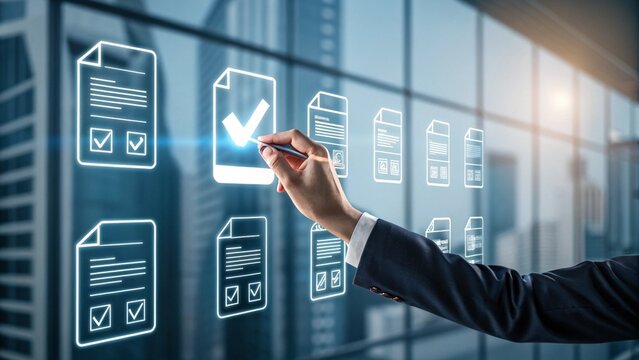 AI Agents and Interactive Dashboards in Data-Driven Strategy, Businessperson reviewing digital contracts with quality and analytics icons.