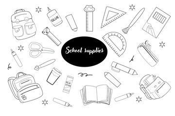 Variety of school supplies for back to school design.